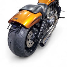Harley V-Rod Muscle with under-fender license plate bracket installed, bright white LED, minimalist and custom design."